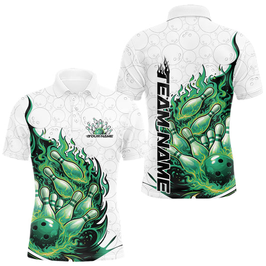Front and back views of a mens white and green bowling polo featuring a flaming bowling ball crashing through pins.