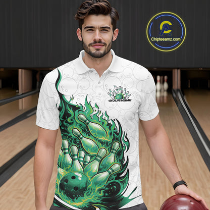 Front view of a male model in a bowling venue wearing a white and green bowling polo with fiery bowling graphics.