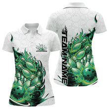 Load image into Gallery viewer, Front and back view women’s polo shirt mockup featuring flaming bowling ball crashing into pins fiery style artwork on white and green fabric