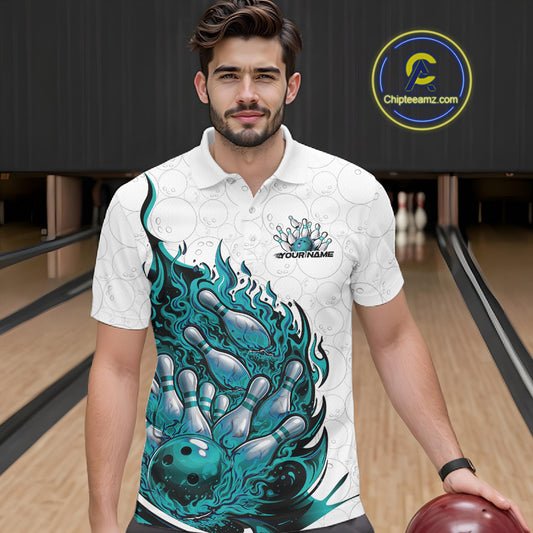 Male model wearing a white and turquoise blue bowling polo at the bowling lane featuring fiery bowling-themed artwork.