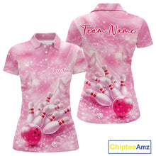 Load image into Gallery viewer, Front and back view of a women’s polo shirt featuring flaming bowling ball crashing into pins blue fire theme artwork