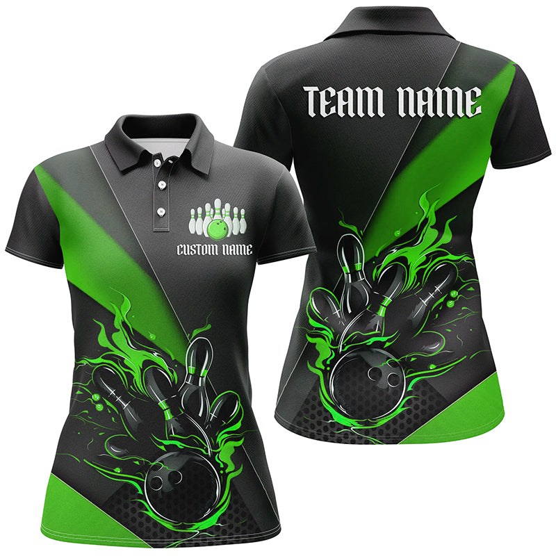 Custom Black And Green Bowling Shirts For Women, Flame Bowling Tournament Jerseys IPHW6736