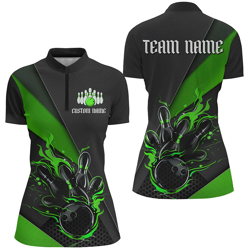 Custom Black And Green Bowling Shirts For Women, Flame Bowling Tournament Jerseys IPHW6736