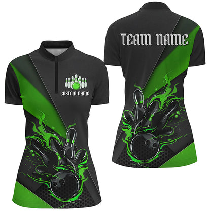 Custom Black And Green Bowling Shirts For Women, Flame Bowling Tournament Jerseys IPHW6736