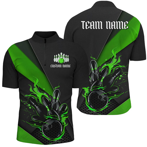 Custom Black And Green Bowling Team Shirts For Men, Flame Bowling Tournament Jerseys IPHW6736