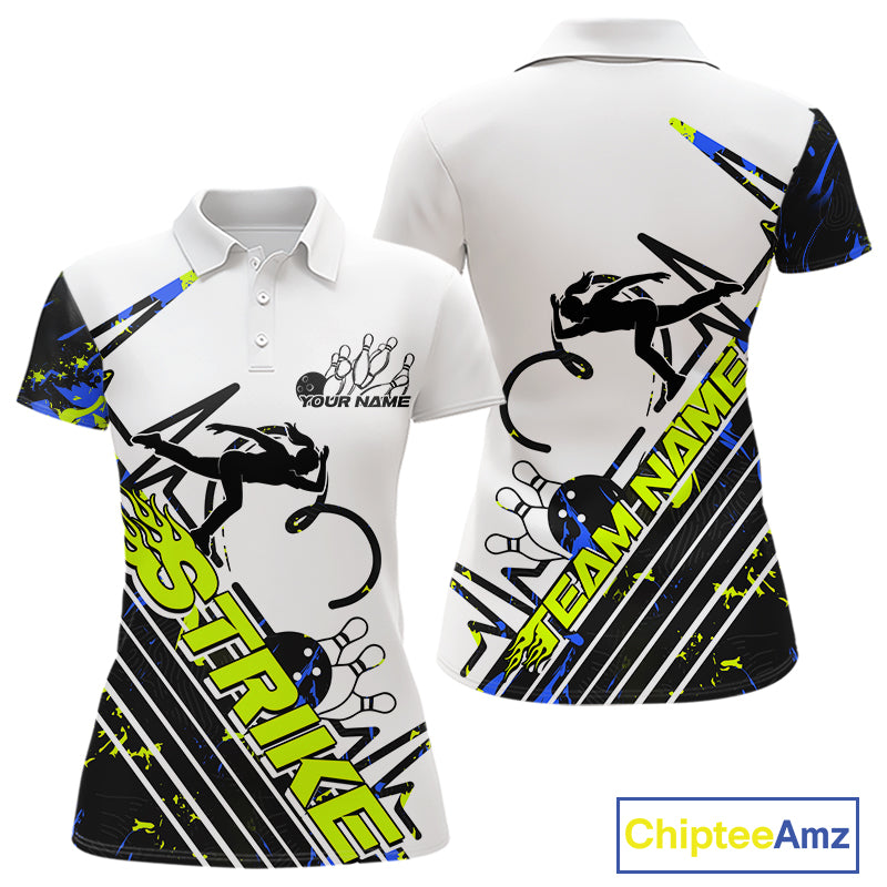 Custom Blue And Green Camo Strike Bowling Women Polo Shirt, Bowling Heartbeat Pulse Line IPHW9249