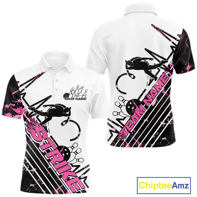 Custom Black And Pink Camo Strike Bowling Polo Shirt For Men, Bowling Heartbeat Pulse Line IPHW9250