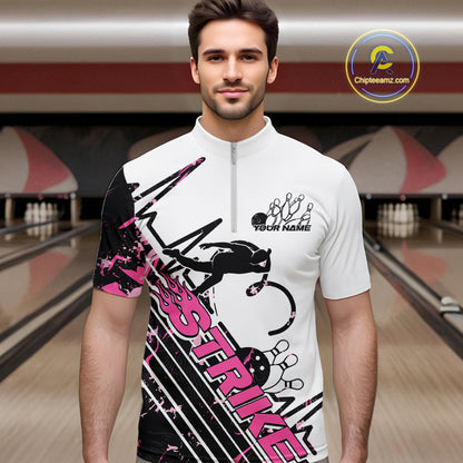 Custom Black And Pink Camo Strike Bowling Quarter-Zip Shirt For Men, Bowling Heartbeat Pulse Line IPHW9250