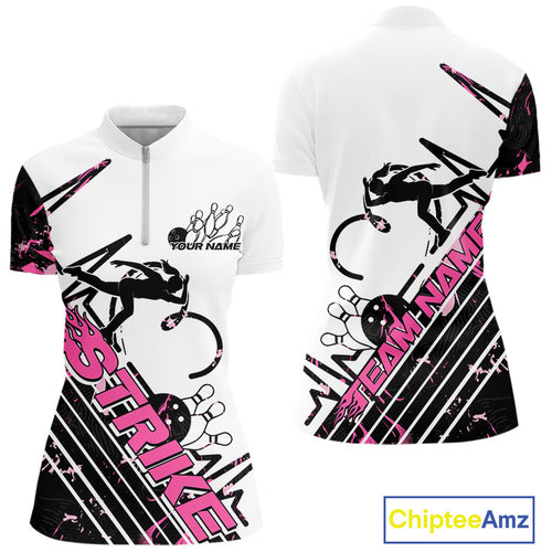 Custom Black And Pink Camo Strike Bowling Quarter-Zip Shirt For Women, Bowling Heartbeat IPHW9250