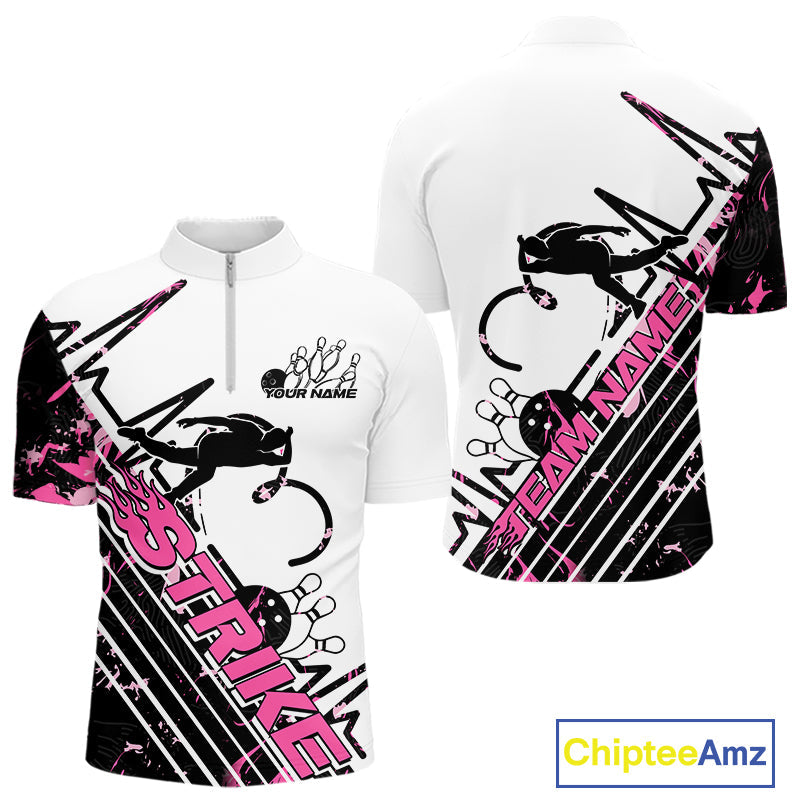 Custom Black And Pink Camo Strike Bowling Quarter-Zip Shirt For Men, Bowling Heartbeat Pulse Line IPHW9250