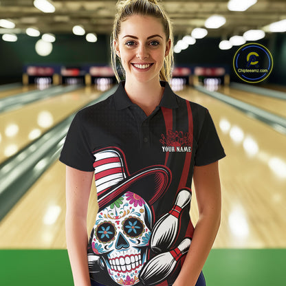 Custom Black And Red Sugar Skull Bowling Team Polo Shirts For Women, Bowling League Shirt IPHW9256
