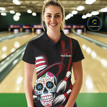 Load image into Gallery viewer, Custom Black And Red Sugar Skull Bowling Team Polo Shirts For Women, Bowling League Shirt IPHW9256