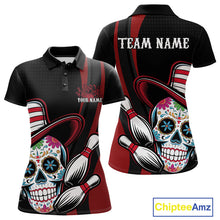Load image into Gallery viewer, Custom Black And Red Sugar Skull Bowling Team Polo Shirts For Women, Bowling League Shirt IPHW9256