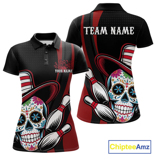 Custom Black And Red Sugar Skull Bowling Team Polo Shirts For Women, Bowling League Shirt IPHW9256