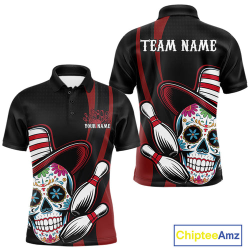 Custom Black And Red Sugar Skull Bowling Team Polo Shirts For Men, Bowling League Shirt IPHW9256