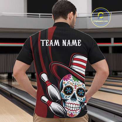 Custom Black And Red Sugar Skull Bowling Team Quarter-Zip Shirts For Men, Bowling League Shirt IPHW9256
