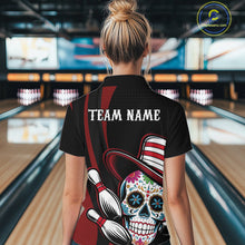 Load image into Gallery viewer, Custom Black And Red Sugar Skull Bowling Women Quarter-Zip Shirt, Bowling League Shirt IPHW9256
