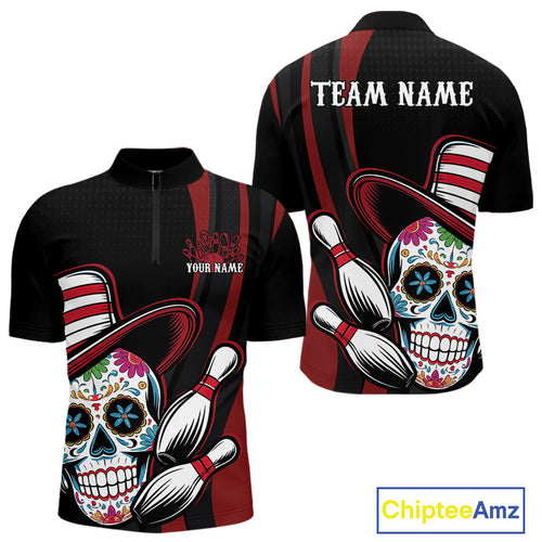 Custom Black And Red Sugar Skull Bowling Team Quarter-Zip Shirts For Men, Bowling League Shirt IPHW9256