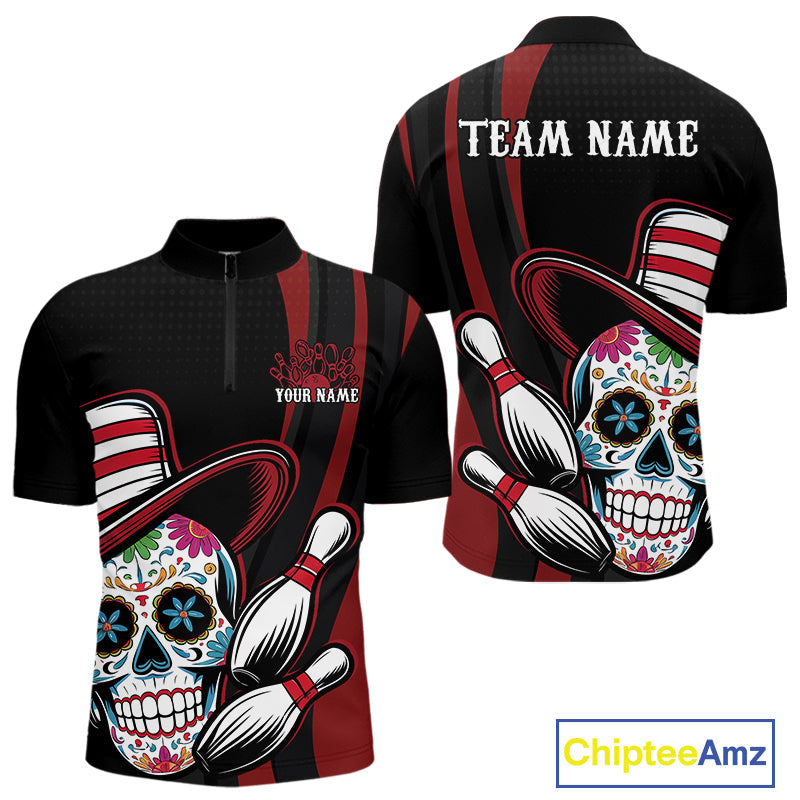 Custom Black And Red Sugar Skull Bowling Team Quarter-Zip Shirts For Men, Bowling League Shirt IPHW9256