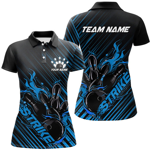 Custom Black And Blue Flame Ladies Bowling Shirts, Strike Bowling Team Shirt Outfit Bowling IPHW7320