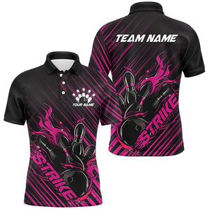 Custom Black And Pink Flame Bowling Shirts For Men, Strike Bowling Team Shirts Outfit Bowling IPHW7321