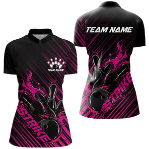 Custom Black And Pink Flame Ladies Bowling Shirts, Strike Bowling Team Shirt Outfit Bowling IPHW7321