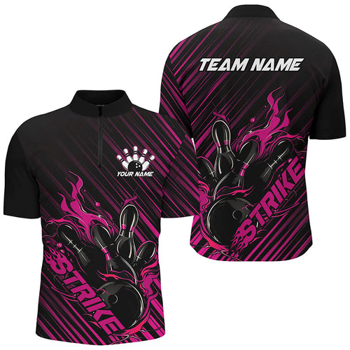 Custom Black And Pink Flame Bowling Shirts For Men, Strike Bowling Team Shirts Outfit Bowling IPHW7321