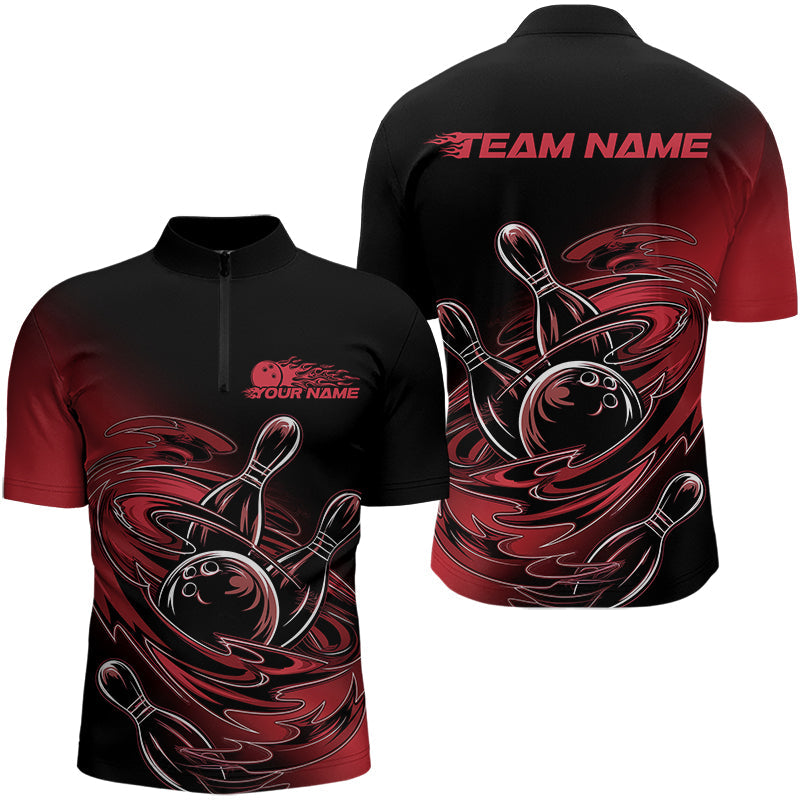 Custom Striking Black And Red Flame Bowling Quarter-Zip Shirts For Men, Red Bowling Jerseys IPHW8042