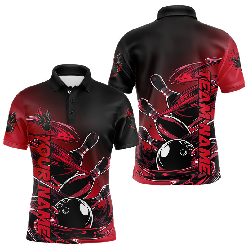 Custom Black And Red Bowling League Shirt, Flaming Bowling Polo Shirts For Men IPHW8049