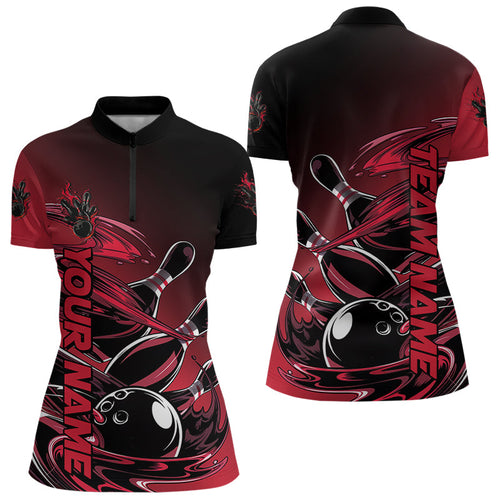 Custom Black And Red Bowling League Shirt, Flaming Bowling Quarter-Zip Shirts For Women IPHW8049