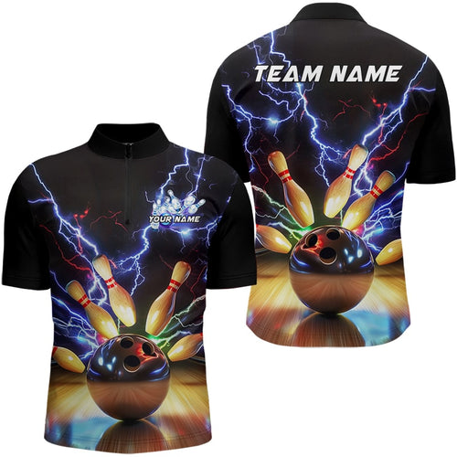 Custom Black And Blue Thunder Lightning Bowling Quarter-Zip Shirts For Men Bowling Jerseys IPHW8051