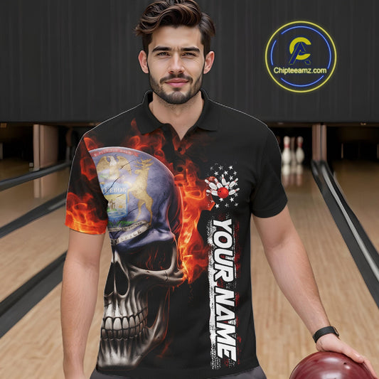 Custom Flame Skull American Michigan Flag Men Bowling Team Shirt, Patriotic Bowling Jersey IPHW10636