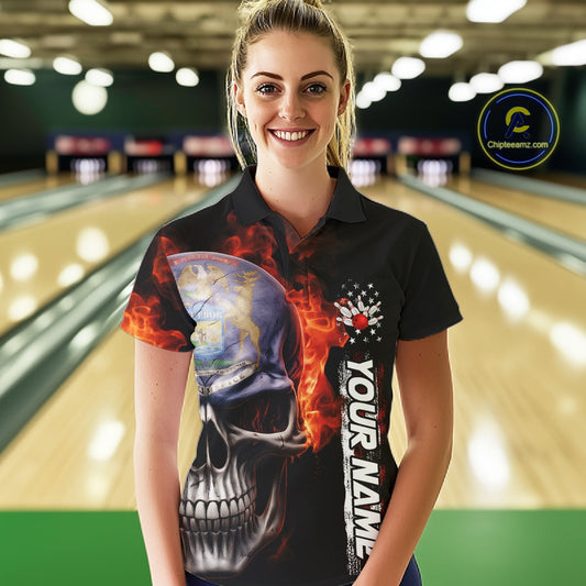 Custom Flame Skull American Michigan Flag Women Bowling Team Shirt, Patriotic Bowling Jersey IPHW10636