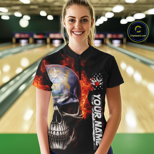 Custom Flame Skull American Michigan Flag Women Bowling Shirt, Patriotic Bowling Jersey IPHW10636