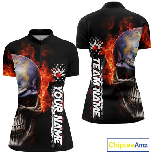 Custom Flame Skull American Michigan Flag Women Bowling Shirt, Patriotic Bowling Jersey IPHW10636