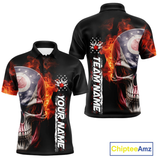 Custom Flame Skull American Ohio Flag Men Bowling Team Shirt, Patriotic Bowling Jersey IPHW10637