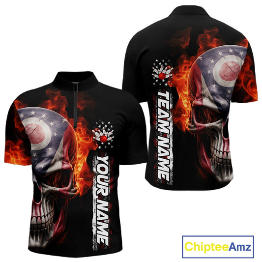 Custom Flame Skull American Ohio Flag Men Bowling Team Shirt, Patriotic Bowling Jersey IPHW10637