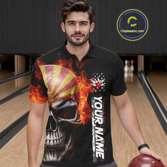 Custom Flame Skull American Arizona Flag Men Bowling Team Shirt, Patriotic Bowling Jersey IPHW10638