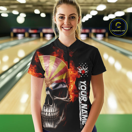 Custom Flame Skull American Arizona Flag Women Bowling Shirt, Patriotic Bowling Jersey IPHW10638