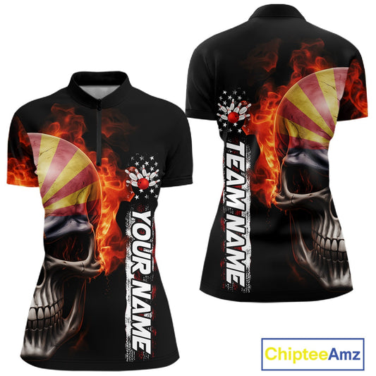 Custom Flame Skull American Arizona Flag Women Bowling Shirt, Patriotic Bowling Jersey IPHW10638