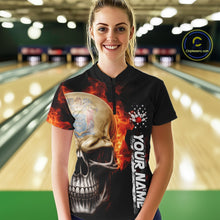 Load image into Gallery viewer, Custom Flame Skull American New Jersey Flag Women Bowling Shirt, Patriotic Bowling Shirt IPHW10639