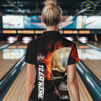 Custom Flame Skull American New Jersey Flag Women Bowling Shirt, Patriotic Bowling Shirt IPHW10639