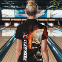 Load image into Gallery viewer, Custom Flame Skull American New Jersey Flag Women Bowling Shirt, Patriotic Bowling Shirt IPHW10639