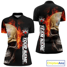 Load image into Gallery viewer, Custom Flame Skull American New Jersey Flag Women Bowling Shirt, Patriotic Bowling Shirt IPHW10639