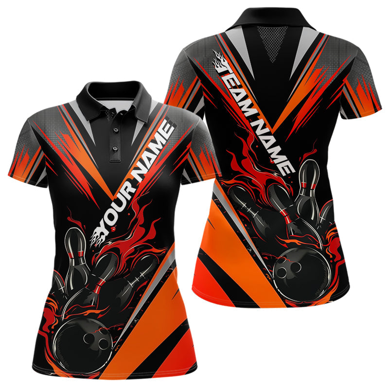 Custom Black And Red Flame Bowling Women Polo Shirts, Fire Bowling Tournament Team Outfits IPHW8773