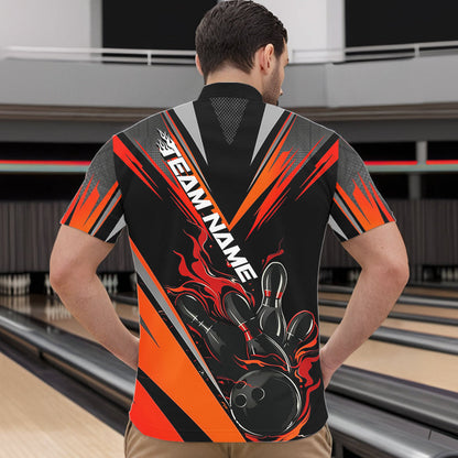 Custom Black And Red Flame Bowling Men Quarter-Zip Shirts, Fire Bowling Tournament Team Outfits IPHW8773