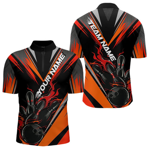 Custom Black And Red Flame Bowling Men Quarter-Zip Shirts, Fire Bowling Tournament Team Outfits IPHW8773