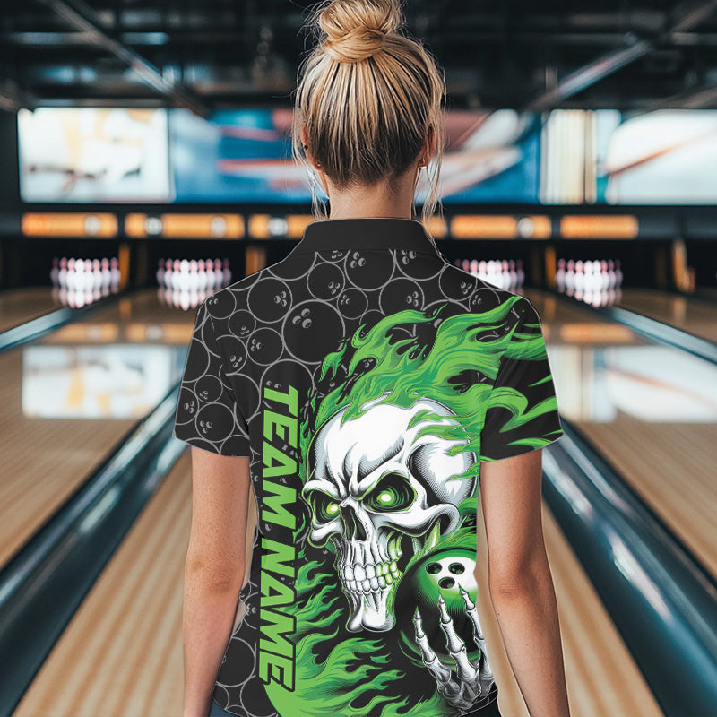 Custom Black And Green Flame Skull Bowling Women Polo Shirts, Halloween Bowling Outfit IPHW8775