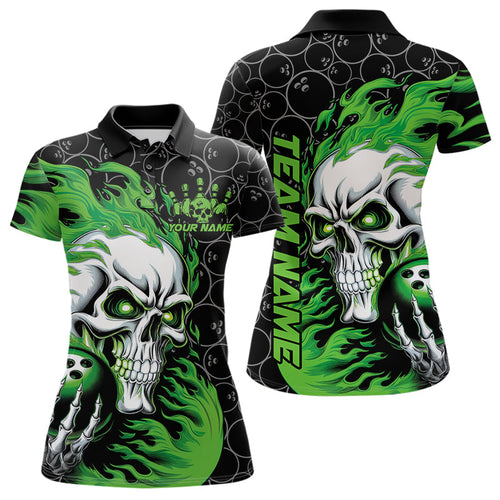 Custom Black And Green Flame Skull Bowling Women Polo Shirts, Halloween Bowling Outfit IPHW8775