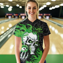 Load image into Gallery viewer, Custom Black And Green Flame Skull Bowling Women Quarter-Zip Shirt, Halloween Team Outfit IPHW8775